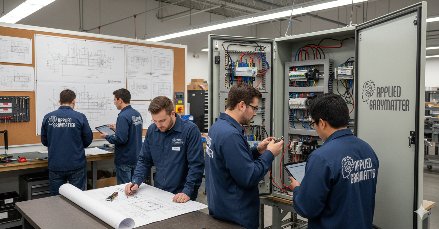 UL 508A panel fabrication and cabinet certification ensure that your industrial control panels are engineered, assembled, and labeled to meet rigorous safety and performance standards required across modern industrial and commercial facilities. Applied Gray Matter delivers fully documented, inspection‑ready UL 508A custom control panels and enclosures tailored to your exact application, environment, and regulatory requirements. UL 508A panel fabrication Applied Gray Matter designs and fabricates UL 508A certified industrial control panels that comply with UL’s Industrial Control Panel Shop Program and current NEC expectations for safe, code‑compliant installations. Every panel is built with UL‑listed or UL‑recognized components, correctly sized conductors, properly rated overcurrent protection, and verified short‑circuit current ratings (SCCR) clearly marked on the nameplate. UL 508A certified control panel fabrication shop capable of applying the UL mark directly to your industrial control panels. Industrial control panel manufacturers focused on panel documentation, including electrical schematics, layout drawings, SCCR calculations, and accurate panel labeling. Industrial control panel enclosure selection aligned with NEMA and IP ratings for dust, moisture, temperature, and corrosive or hazardous environments. Custom control panel design and engineering As custom control panel manufacturers, Applied Gray Matter provides end‑to‑end engineering support from concept through final certified build, integrating controls, power distribution, safety circuits, and communications hardware in a compact, serviceable footprint. The control panel custom designers work closely with your mechanical, electrical, and automation teams so that every custom control panel enclosure and cabinet interfaces cleanly with your field devices, PLCs, and upstream systems. Custom control panel manufacturer for new systems, retrofits, and upgrades, including UL508 custom control panel cabinet manufacturers capabilities for OEMs and integrators. Industrial control panel enclosure layout optimized for heat management, accessibility, clear wire routing, and future expandability. Control panel fabrication shop services that include design review, bill of materials verification, and standardization on proven, supportable components. UL 508A cabinet certification and compliance UL 508A cabinet certification verifies that your enclosed and open‑type industrial control panels meet UL’s construction, wiring, spacing, and marking requirements, streamlining approval by inspectors, AHJs, and insurance providers. Certified UL508A control panel manufacturers help reduce red‑tag risk, rework, and project delays by delivering control cabinets that are ready for installation and inspection on day one. UL508A control panel manufacturers are authorized to label enclosed and open industrial control panel assemblies, improving acceptance by regulatory authorities and customers. UL508A custom control panel enclosure designs that address temperature rise, ingress protection, grounding, bonding, and safe maintenance access. Support for US and Canadian approvals through adherence to UL 508A, NFPA 79, and related industrial electrical safety standards. Industry‑focused UL 508A custom control panels Applied Gray Matter builds industry‑specific UL508A custom control panels that support demanding applications where uptime, traceability, and safety are mission‑critical. From simple motor control centers to advanced PLC, HMI, and remote I/O architectures, each industrial control panel enclosure is tailored to your environment, loads, and control strategy. Aerospace UL508A Custom Control Panels for ground support equipment, test stands, environmental chambers, and production tooling. Agriculture UL508A Custom Control Panels for irrigation control, grain handling, climate control, and automated feeding systems. Automated Parking UL508A Custom Control Panels for lifts, shuttles, conveyorized parking platforms, and safety interlock systems. Automotive UL508A Custom Control Panels for assembly lines, robotic cells, paint systems, and end‑of‑line test equipment. Defense UL508A Custom Control Panels for secure facilities, test ranges, simulators, and mission‑critical infrastructure. Energy Production UL508A Custom Control Panels for power generation, microgrids, renewables, and backup systems. Environmental Monitoring UL508A Custom Control Panels for air, water, and process monitoring systems with data logging and remote access. Oil & Gas UL508A Custom Control Panels for pumps, compressors, separation systems, and hazardous‑location equipment interfaces. Waste Management UL508A Custom Control Panels for conveyors, shredders, compactors, and material recovery systems. Water and Sewer Management UL508A Custom Control Panels for lift stations, treatment plants, filtration, and distribution automation.