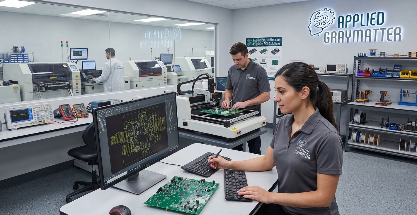 PCB (Printed Circuit Board) Design and Manufacturing Engineered Reliability. Delivered at the Speed of Innovation. Applied Gray Matter designs, fabricates, and assembles mission-critical printed circuit boards for the industries where failure is not an option — industrial automation, defense and aerospace, medical devices, energy, and advanced instrumentation. From the first schematic capture to the final tested assembly, every board we deliver is engineered to survive the environment it was built for, and to do it for the full service life of your product. We are not a broker. We are a full-cycle PCB partner: an in-house team of hardware engineers, layout specialists, and IPC-certified manufacturing technicians working under one roof, on one accountable process, with one measurable standard — first-pass yield, on-time, every time. Why Engineers and OEMs Choose Applied Gray Matter Concept-to-Production Under One Roof — Schematic capture, DFM/DFT review, multilayer layout, prototyping, fabrication, assembly, and functional test executed as one continuous workflow. No hand-offs. No finger-pointing. No lost weeks between vendors. Quick-Turn Without Compromise — Prototype turns as fast as 24 hours and production ramps that hold their promised dates. Our schedule discipline is built on vertically integrated capacity and long-standing, contract-locked supply relationships — not best-effort expediting. Built to Standard, Verified to Standard — Manufacturing to IPC-A-610 Class 2 and Class 3 (including Class 3/A for aerospace and defense), IPC-6012 rigid board qualification, IPC-J-STD-001 solderability, and RoHS/REACH compliance. Traceability is documented at the lot, panel, and serial level. Engineering-Grade Design Review on Every Job — Every incoming design receives a full DFM, DFA, DFT, and signal-integrity review before a single panel is cut. Issues are flagged, options are quantified, and decisions are documented — before they become field failures. U.S.-Based Engineering, Secure Supply Chain — Domestic design and program management with ITAR-aware handling for regulated programs, counterfeit-mitigated component sourcing (AS6081-aligned practices), and full BOM traceability from distributor to board. Full-Spectrum PCB Capabilities PCB Design & Layout Engineering Schematic capture, simulation, and design-rule development in industry-standard toolchains (Altium Designer, KiCad, OrCAD, Cadence Allegro). High-speed digital layout with controlled impedance, length matching, and differential-pair routing for DDR, PCIe, Ethernet, USB, and RF interfaces. Mixed-signal partitioning, star grounding, and thermal-aware placement for power electronics and precision analog. Signal-integrity, power-integrity, and thermal simulation (SI/PI/thermal co-design) prior to fabrication release. Full design-for-manufacture (DFM), design-for-assembly (DFA), and design-for-test (DFT) reviews with actionable, engineer-to-engineer feedback. PCB Fabrication Layer counts: 1 to 32+ layers, standard and sequential lamination. Board types: Rigid FR-4, high-Tg, Rogers and other high-frequency laminates, metal-core (MCPCB) for high-power LED and drive electronics, flex and rigid-flex. Feature capability: Line/space to 3 mil, mechanical and laser-drilled microvias, blind and buried vias, via-in-pad with epoxy fill and copper cap, heavy copper up to 6 oz for power distribution. Surface finishes: ENIG, ENEPIG, immersion silver, immersion tin, HASL, lead-free HASL, and hard/soft gold for edge connectors and wire-bond pads. Impedance control: ±5% single-ended and differential, TDR-verified with delivered coupon reports. PCB Assembly (PCBA) Fully automated SMT lines with high-mix, high-speed placement and inline AOI. Fine-pitch, micro-BGA, QFN, LGA, and 01005 placement capability. Mixed-technology assembly — SMT, through-hole, press-fit, and selective soldering. Conformal coating (acrylic, urethane, silicone, parylene) and potting for harsh-environment deployment. Box-build and system-level integration for delivered, ship-ready subassemblies. Test, Inspection & Quality Assurance 100% automated optical inspection (AOI) on both sides of every assembled board. X-ray inspection for BGA, QFN, and hidden-joint verification. In-circuit test (ICT), flying-probe test, and custom functional test fixtures built to your test spec. Environmental stress screening (ESS), thermal cycling, and burn-in for high-reliability programs. First-article inspection (FAI) with full dimensional, electrical, and cross-section reporting on request.