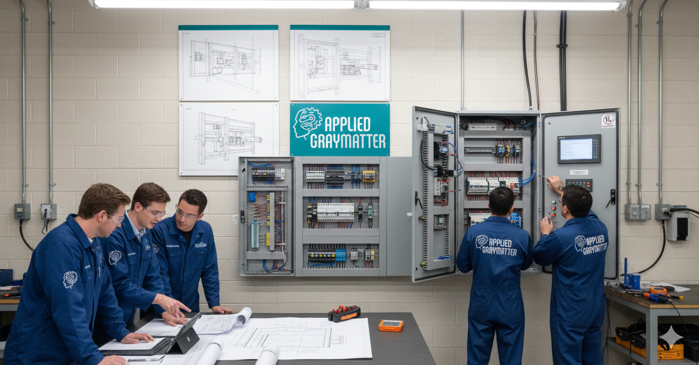 UL 508A panel fabrication and cabinet certification ensure that your industrial control panels are engineered, assembled, and labeled to meet rigorous safety and performance standards required across modern industrial and commercial facilities. Applied Gray Matter delivers fully documented, inspection‑ready UL 508A custom control panels and enclosures tailored to your exact application, environment, and regulatory requirements. UL 508A panel fabrication Applied Gray Matter designs and fabricates UL 508A certified industrial control panels that comply with UL’s Industrial Control Panel Shop Program and current NEC expectations for safe, code‑compliant installations. Every panel is built with UL‑listed or UL‑recognized components, correctly sized conductors, properly rated overcurrent protection, and verified short‑circuit current ratings (SCCR) clearly marked on the nameplate. UL 508A certified control panel fabrication shop capable of applying the UL mark directly to your industrial control panels. Industrial control panel manufacturers focused on panel documentation, including electrical schematics, layout drawings, SCCR calculations, and accurate panel labeling. Industrial control panel enclosure selection aligned with NEMA and IP ratings for dust, moisture, temperature, and corrosive or hazardous environments. Custom control panel design and engineering As custom control panel manufacturers, Applied Gray Matter provides end‑to‑end engineering support from concept through final certified build, integrating controls, power distribution, safety circuits, and communications hardware in a compact, serviceable footprint. The control panel custom designers work closely with your mechanical, electrical, and automation teams so that every custom control panel enclosure and cabinet interfaces cleanly with your field devices, PLCs, and upstream systems. Custom control panel manufacturer for new systems, retrofits, and upgrades, including UL508 custom control panel cabinet manufacturers capabilities for OEMs and integrators. Industrial control panel enclosure layout optimized for heat management, accessibility, clear wire routing, and future expandability. Control panel fabrication shop services that include design review, bill of materials verification, and standardization on proven, supportable components. UL 508A cabinet certification and compliance UL 508A cabinet certification verifies that your enclosed and open‑type industrial control panels meet UL’s construction, wiring, spacing, and marking requirements, streamlining approval by inspectors, AHJs, and insurance providers. Certified UL508A control panel manufacturers help reduce red‑tag risk, rework, and project delays by delivering control cabinets that are ready for installation and inspection on day one. UL508A control panel manufacturers are authorized to label enclosed and open industrial control panel assemblies, improving acceptance by regulatory authorities and customers. UL508A custom control panel enclosure designs that address temperature rise, ingress protection, grounding, bonding, and safe maintenance access. Support for US and Canadian approvals through adherence to UL 508A, NFPA 79, and related industrial electrical safety standards. Industry‑focused UL 508A custom control panels Applied Gray Matter builds industry‑specific UL508A custom control panels that support demanding applications where uptime, traceability, and safety are mission‑critical. From simple motor control centers to advanced PLC, HMI, and remote I/O architectures, each industrial control panel enclosure is tailored to your environment, loads, and control strategy. Aerospace UL508A Custom Control Panels for ground support equipment, test stands, environmental chambers, and production tooling. Agriculture UL508A Custom Control Panels for irrigation control, grain handling, climate control, and automated feeding systems. Automated Parking UL508A Custom Control Panels for lifts, shuttles, conveyorized parking platforms, and safety interlock systems. Automotive UL508A Custom Control Panels for assembly lines, robotic cells, paint systems, and end‑of‑line test equipment. Defense UL508A Custom Control Panels for secure facilities, test ranges, simulators, and mission‑critical infrastructure. Energy Production UL508A Custom Control Panels for power generation, microgrids, renewables, and backup systems. Environmental Monitoring UL508A Custom Control Panels for air, water, and process monitoring systems with data logging and remote access. Oil & Gas UL508A Custom Control Panels for pumps, compressors, separation systems, and hazardous‑location equipment interfaces. Waste Management UL508A Custom Control Panels for conveyors, shredders, compactors, and material recovery systems. Water and Sewer Management UL508A Custom Control Panels for lift stations, treatment plants, filtration, and distribution automation.