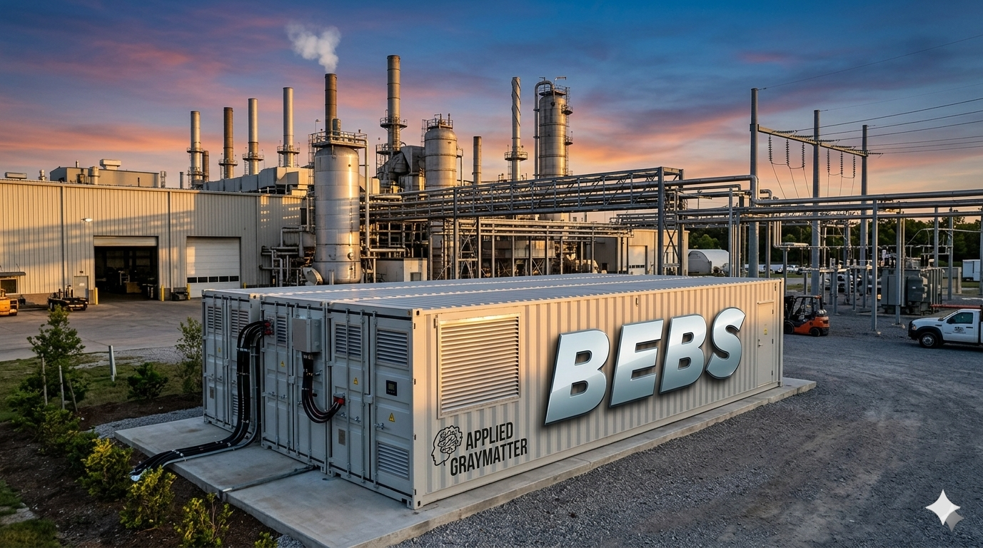 Industrial Battery Backup and Industrial Energy Storage Systems (ESS). Our solutions are designed to help industrial facilities maintain uptime, protect critical operations, and reduce the risk of costly interruptions caused by power disruptions. Don’t let outages, voltage fluctuations, or unexpected grid failures interrupt productivity. Applied Gray Matter’s BEBS and ESS solutions provide clean, reliable, and scalable backup power for industrial equipment, automated systems, commercial facilities, and mission-critical operations that can’t afford downtime. These systems can also support broader energy goals, including peak shaving, load shifting, renewable integration, and long-duration backup power for facilities that need more than a traditional UPS can provide. In industrial environments, that means better resilience, improved energy control, and a smarter path to business continuity. Call us today at (315) 878-2372 for a free consultation.