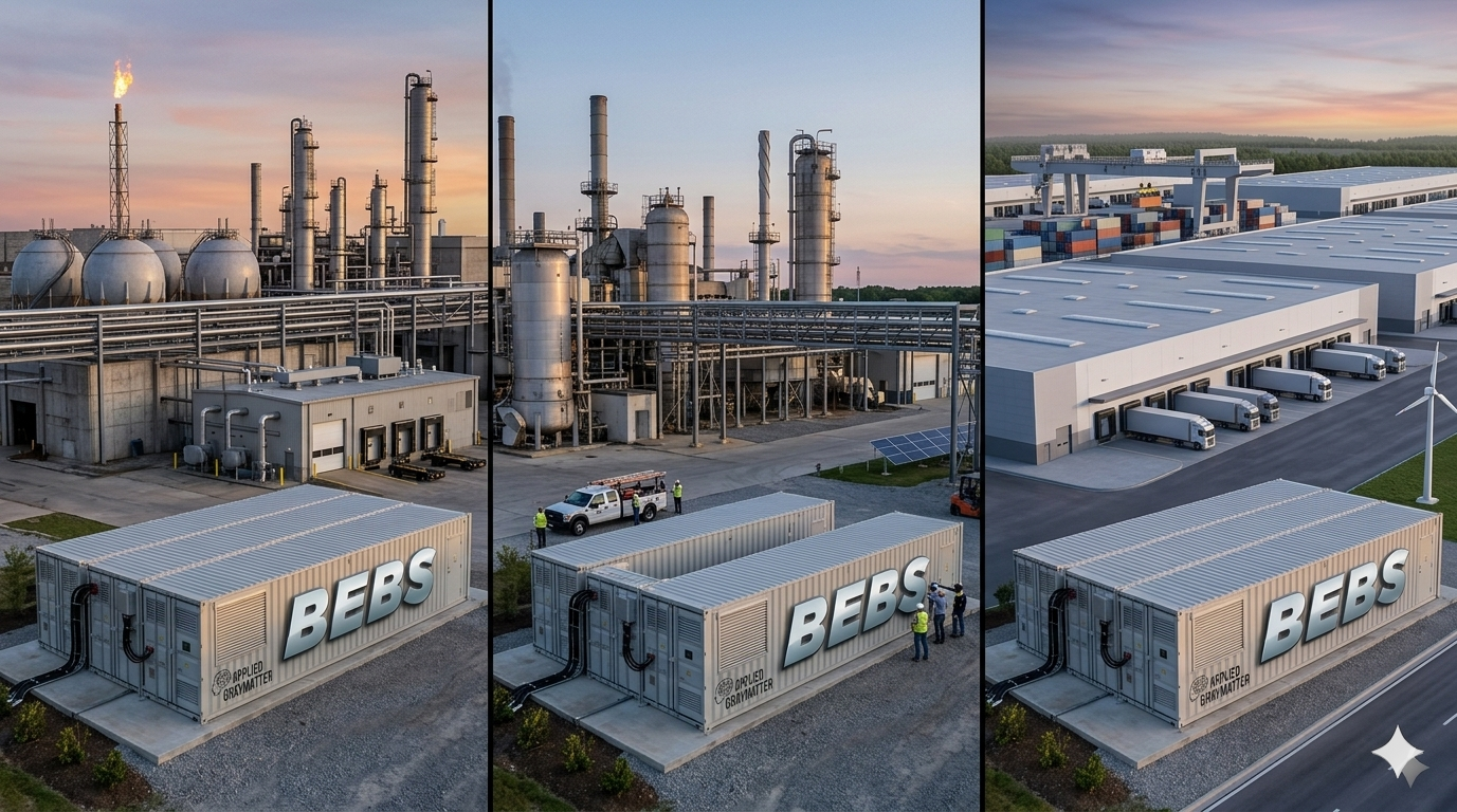 Industrial Battery Backup and Industrial Energy Storage Systems (ESS). Our solutions are designed to help industrial facilities maintain uptime, protect critical operations, and reduce the risk of costly interruptions caused by power disruptions. Don’t let outages, voltage fluctuations, or unexpected grid failures interrupt productivity. Applied Gray Matter’s BEBS and ESS solutions provide clean, reliable, and scalable backup power for industrial equipment, automated systems, commercial facilities, and mission-critical operations that can’t afford downtime. These systems can also support broader energy goals, including peak shaving, load shifting, renewable integration, and long-duration backup power for facilities that need more than a traditional UPS can provide. In industrial environments, that means better resilience, improved energy control, and a smarter path to business continuity. Call us today at (315) 878-2372 for a free consultation.