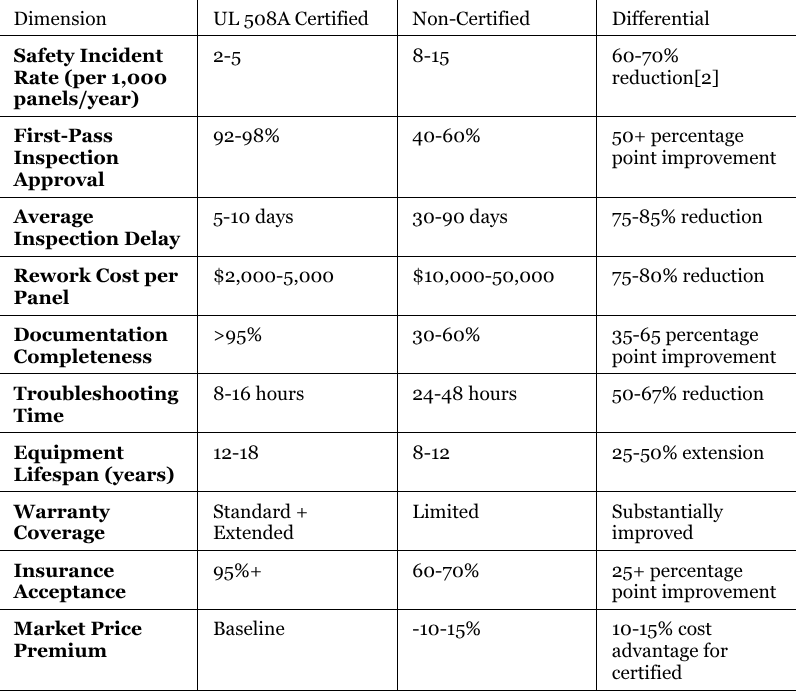 8. Comparative Analysis: Certified vs. Non-Certified Control Panel Fabrication
To establish quantitative context, this section contrasts UL 508A-certified fabrication with non-certified alternatives across key dimensions: