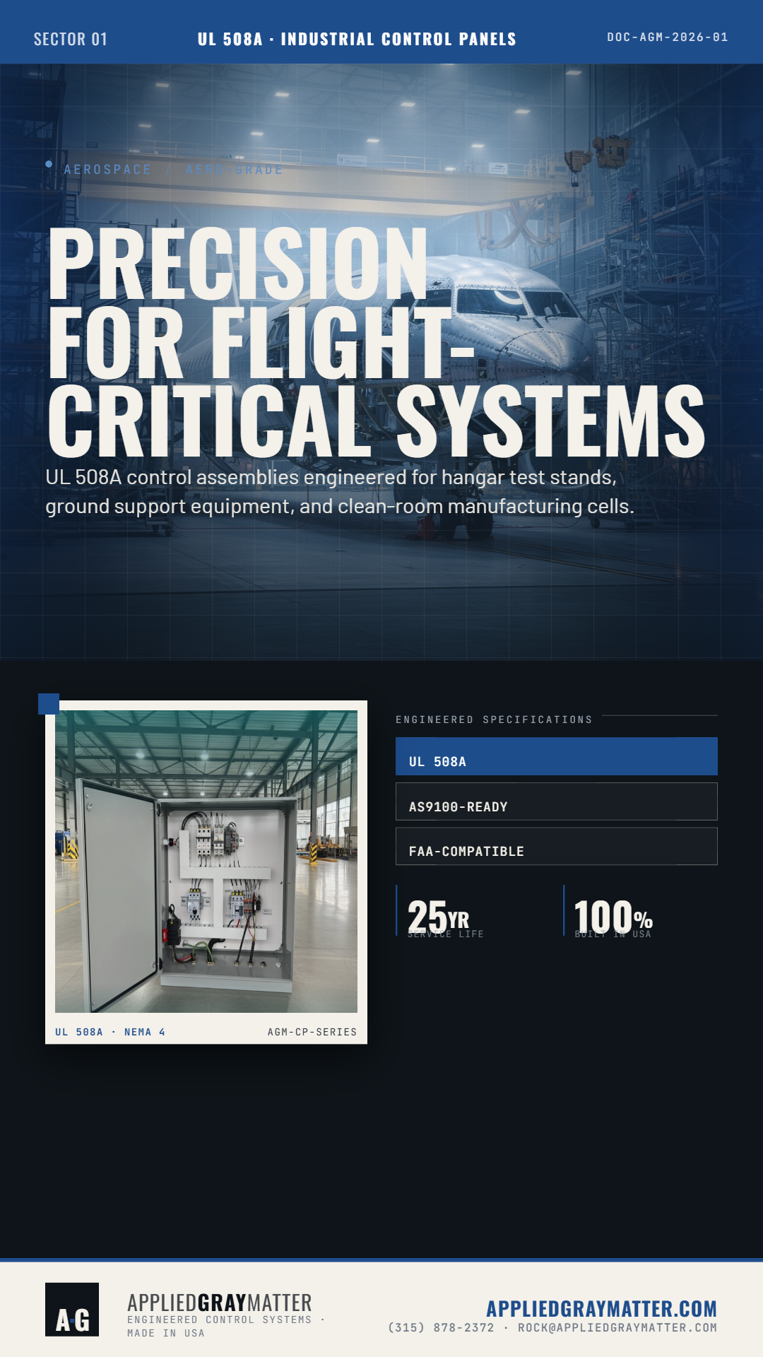 Flight-critical systems demand more than a panel build. They demand precision, compliance, and confidence from the first design review to final deployment.
At Applied Gray Matter, we engineer UL 508A control assemblies for hangar test stands, ground support equipment, and clean-room manufacturing cells. Every panel is built to spec by certified UL 508A technicians, with NEC and NFPA 79 compliance in mind.
Designed for industrial-grade field life, these enclosures are made for harsh duty, vibration, and long-term performance. Because in aerospace, reliability is not a feature — it is the standard.
For teams evaluating suppliers, the real question is simple: can your control partner reduce risk, meet spec, and support long-term program performance?
Call Us At (315) 878-2372 or Visit Us Online At
https://lnkd.in/gjX6uauM
#UL508A #AerospaceManufacturing #IndustrialControls #ControlPanels #GroundSupportEquipment #Automation #FactoryControls #manufacturing #Engineering