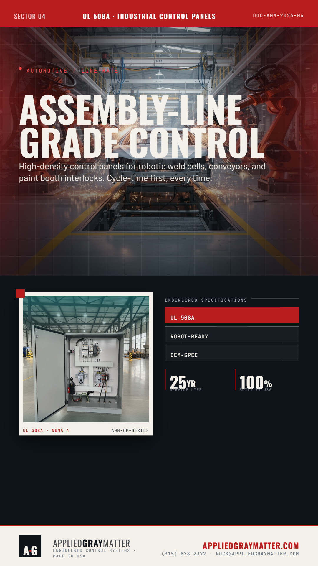 Assembly-line control built for the demands of modern automotive production.
At Applied Gray Matter, we design UL 508A industrial control panels for high-density applications like robotic weld cells, conveyors, and paint booth interlocks — where uptime, safety, and cycle time matter most.
Our panels are built to spec by certified UL 508A technicians, with NEC and NFPA 79 compliance, NEMA 4X enclosures, and a 25-year design life engineered for harsh industrial environments. Every system is hand-built in the USA and delivered with as-built schematics, SCCR ratings, and arc-flash analysis.
What sets AGM apart:
** Built to spec, not off the shelf.
** Industrial-grade field life.
** Engineered, not assembled.
For automotive operations that need reliable control architecture at line rate, AGM delivers panel solutions that are robot-ready, OEM-spec, and built for long-term performance.
Call Us At (315) 878-2372 or Visit Us Online At
https://lnkd.in/gjX6uauM
#UL508A #IndustrialAutomation #ControlPanels #AutomotiveManufacturing #Manufacturing #Robotics #PanelBuilder #IndustrialControls #NEC #NFPA79