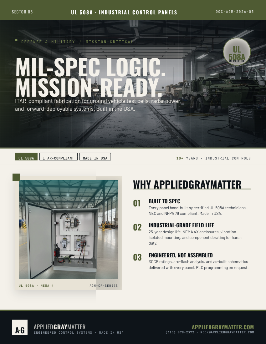 For defense and mission-critical programs, control panel selection is not just a technical decision — it is a risk decision. Applied Gray Matter builds UL 508A industrial control panels for demanding applications including ground vehicle test cells, radar power, and forward-deployable systems. Every panel is fabricated by certified technicians, ITAR-compliant, and built in the USA to support programs where compliance, durability, and consistency are non-negotiable. What sets the platform apart: ** UL 508A compliance aligned with NEC and NFPA 79 requirements. ** NEMA 4X industrial construction for harsh operating environments. ** Engineering deliverables that support procurement, compliance, and lifecycle documentation. For teams evaluating suppliers, the real question is simple: can your controls partner reduce risk, meet spec, and support long-term program performance? Call Us At (315) 878-2372 or Visit Us Online At https://lnkd.in/gjX6uauM #DefenseProcurement #UL508A #IndustrialControls #MissionCritical #ITAR #Engineering #SupplyChain #controlpanels #panels #ULCertified #AppliedGrayMatter