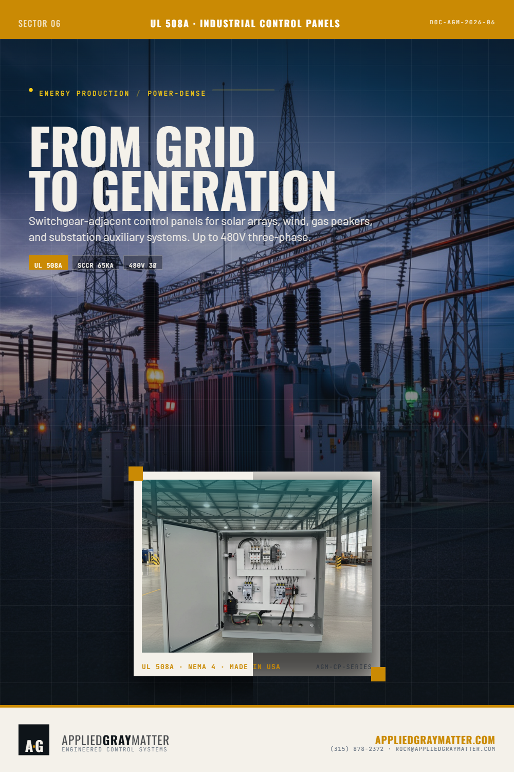 Energy generation systems need control panels that are built to last, built to spec, and built for real-world conditions. That’s the focus behind Applied Gray Matter’s UL 508A industrial control panels for energy applications. From solar and wind to gas peakers and substation auxiliary systems, our panels are engineered for demanding environments where compliance and uptime matter. Highlights include: ** UL 508A-certified build process. ** NEMA 4X enclosures for industrial-grade field life. ** SCCR ratings and arc-flash analysis included. ** As-built schematics delivered with every panel. If your project requires switchgear-adjacent control solutions with a strong compliance and reliability foundation, this is the level of build quality to look for. Call Us At (315) 878-2372 or Visit Us Online At https://lnkd.in/gjX6uauM #AppliedGrayMatter #UL508A #IndustrialControls #PowerGeneration #ElectricalControls #RenewableEnergy #Engineering #B2BMarketing