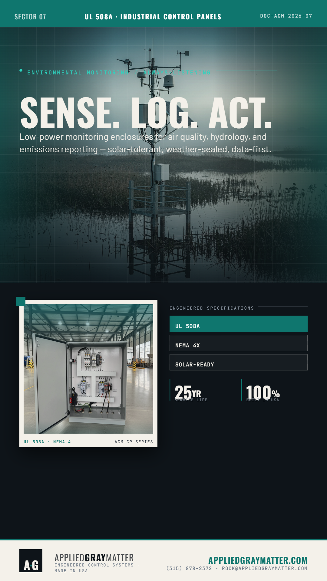 Sense. Log. Act. Environmental monitoring systems need more than just a box—they need a control enclosure built for real-world field conditions. Our UL 508A certified, NEMA 4X, solar-ready enclosures are designed for low-power monitoring applications across air quality, hydrology, and emissions reporting. Built for harsh duty, weather-sealed performance, and long service life, these panels are engineered to do the job reliably in demanding environments. At Applied Gray Matter, we don’t just assemble panels—we build to spec with: ** Certified UL 508A technicians ** NEC and NFPA 79 compliance * * 25-year design life considerations ** SCCR ratings and arc-flash analysis ** As-built schematics with every panel If your monitoring project needs an enclosure that can perform in the field for the long haul, let’s talk. Call Us At (315) 878-2372 or Visit Us Online At https://lnkd.in/gjX6uauM #UL508A #IndustrialControlPanels #EnvironmentalMonitoring #NEMA4X #ControlPanels #IndustrialAutomation #AppliedGrayMatter #Engineering #MadeInUSA