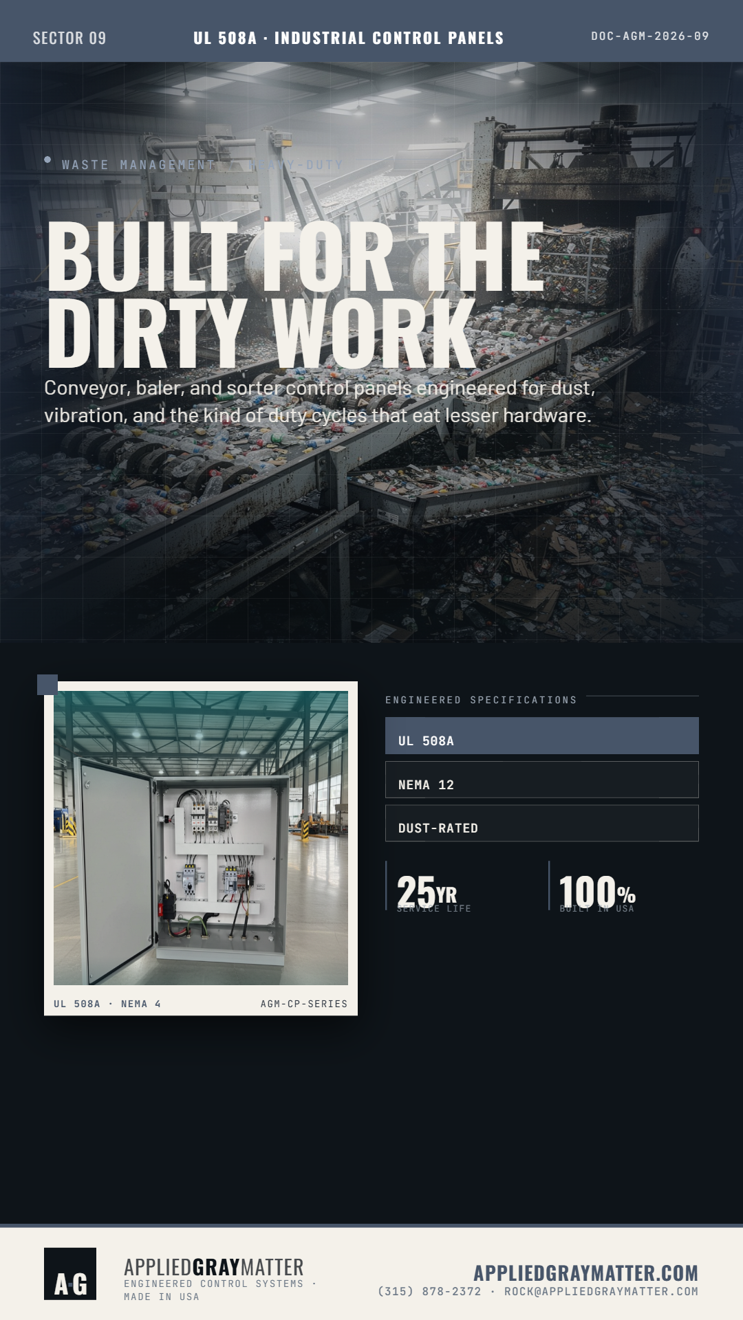 Built for the dirty work.
Waste management operations demand control panels that can handle dust, vibration, and relentless duty cycles. That’s why Applied Gray Matter designs UL 508A industrial control panels engineered for conveyor, baler, and sorter applications where lesser hardware fails fast.
Our panels are built to spec by certified UL 508A technicians, with NEC and NFPA 79 compliance, NEMA 4X enclosures, vibration-isolated mounting, and component derating for harsh environments. Every system is engineered, not just assembled, with SCCR ratings, arc-flash analysis, and as-built schematics delivered with each panel.
If your operation needs industrial controls that are built for real-world field life, this is where reliability starts.
Call Us At (315) 878-2372 or Visit Us Online At
https://lnkd.in/gjX6uauM
#UL508A #IndustrialControls #WasteManagement #ControlPanels #Automation #Manufacturing #AppliedGrayMatter