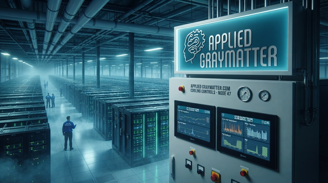 https://appliedgraymatter.com/services/data-centers-and-ai-center-support-controls/ Data center manufacturing Critical infrastructure manufacturing Data center equipment manufacturer Data center contract manufacturing American-made data center equipment U.S. Veteran-Owned manufacturer OEM manufacturing partner Second-source manufacturing Overflow manufacturing capacity Scalable production Low-volume to high-volume manufacturing Electromechanical assembly Factory-tested assemblies Precision metal fabrication Electrical integration Custom equipment manufacturing Custom skid manufacturing Industrial control panels UL 508A control panels UL 508A panel shop Industrial control panel manufacturing Data center control panels Custom control panels PLC control panels HMI control panels VFD control panels Motor control panels Remote I/O panels Power monitoring panels Equipment monitoring panels Networked control panels Factory acceptance testing Control panel assembly Control panel wiring Control system integration Data center cooling controls Data center cooling controls Cooling system control panels Mission-critical cooling controls Liquid cooling controls Air-cooled data center controls Chilled-water system controls Cooling plant automation Cooling equipment controls Cooling system monitoring Data center thermal management Edge data center cooling GPU data center cooling High-density computing cooling Pump systems Pump control panels Pump plant controller Pump skid controls Pump sequencing Pump system automation Intelligent pump controls Smart VFD pump control Variable-frequency drive controls Differential-pressure control Flow monitoring Pump pressure monitoring Pump temperature monitoring Redundant pump controls Lead-lag pump controls SM Pump Plant Controller SM Pump Module Air handling and cooling equipment Air handler control panels Air handling unit controls AHU control panels CRAH control panels Computer room air handler controls Chiller control panels Chiller plant controller Cooling tower control panels Cooling tower controller Fan control panels Fan-array controls EC fan controls SM Air Handler Controller SM Chiller Plant Controller SM Cooling Tower Controller Valves, sensors and monitoring Valve actuator controls Valve control panels Local valve modules SM Valve Module Pressure sensors Differential-pressure sensors Flow sensors Temperature sensors Leak detection systems Water detection systems Sensor monitoring panels Environmental monitoring Remote equipment monitoring Alarm monitoring Data logging Predictive maintenance Equipment performance monitoring Power and electrical monitoring Data center power monitoring Electrical power monitoring Energy monitoring panels Power quality monitoring Branch circuit monitoring Generator monitoring Automatic transfer controls Switchgear controls Switchboard controls Equipment disconnect panels SM Power Monitor Automation and networking PLC-based sequencing Industrial automation Building automation integration BMS integration BAS integration Data center infrastructure management DCIM integration Ethernet-connected sensors Industrial Ethernet Modbus TCP BACnet/IP Remote diagnostics Secure remote access Control system redundancy Standardized control architecture