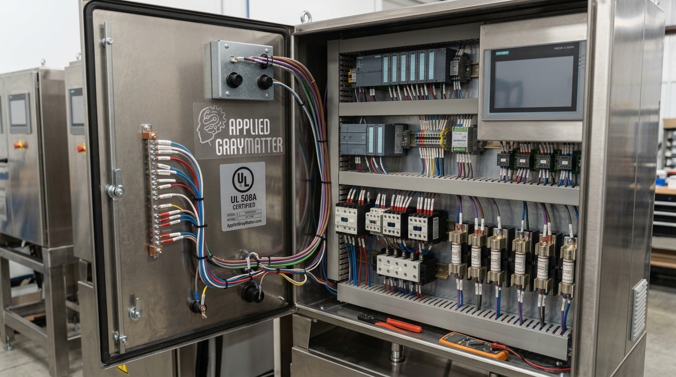 https://appliedgraymatter.com/services/ul-508a-control-panel-fabrication-shop/ Custom Industrial Control Panels Manufactured By AppliedGrayMatter.com UL 508A Fabrication Shop in California (315) 878-2372 For Food and Industrial Beverage Manufacturing Facilities